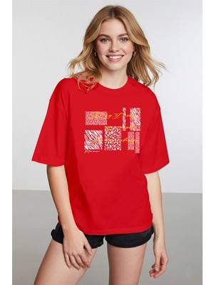 Caddekombin Kadın Zebra ve Leopar Detaylı Bisiklet Yaka Kırmızı T-Shirt