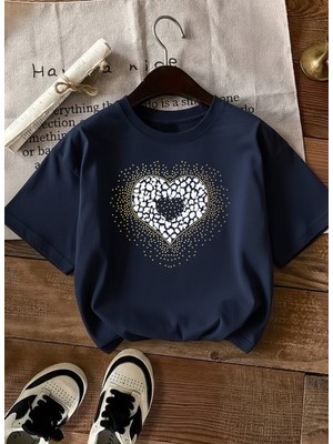 Caddekombin Kadın Modern Leopar Kalp Tasarımlı Lacivert T-Shirt