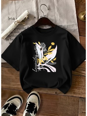 Caddekombin Kadın Altın Yıldız Detaylı Soyut Çiçekli Siyah T-Shirt