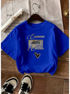 Caddekombin Kadın Leopar Kalp Baskılı Gold Yazılı Saks Mavi T-Shirt