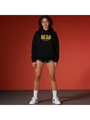 Dune Hero Oversize 3 Iplik Şardonlu Pamuk Baskılı Siyah Kapüşonlu Sweatshirt