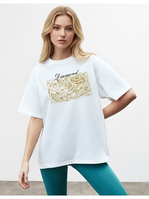 Caddekombin Kadın Sim Görünümlü  Baskılı Bisiklet Yaka Beyaz T-Shirt