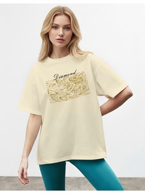 Caddekombin Kadın Sim Görünümlü  Baskılı Bisiklet Yaka Bej T-Shirt