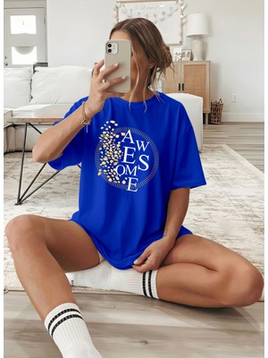 Caddekombin Kadın Gold Taneli Grafik Baskılı Bisiklet Yaka Saks Mavit-Shirt