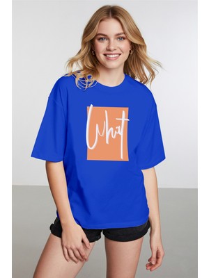 Caddekombin Kadın What Baskılı Bisiklet Yaka Saks Mavi T-Shirt