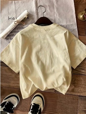 Caddekombin Kadın Nokta Desenli Kalp Baskılı Bisiklet Yaka Bej T-Shirt