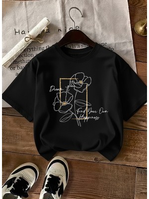 Caddekombin Kadın Çiçek Grafik Baskılı Bisiklet Yaka Siyah T-Shirt
