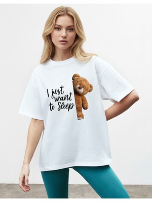 Caddekombin Kadın Just Want Baskılı Bisiklet Yaka Beyaz T-Shirt