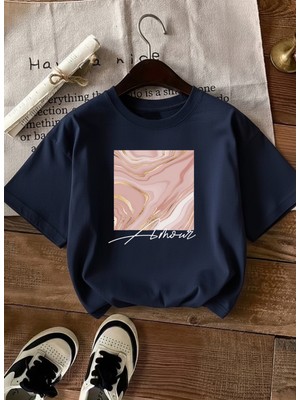 Caddekombin Kadın Rose Gold Işıltılı Grafik Baskılı Lacivert T-Shirt