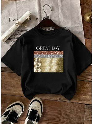 Caddekombin Kadın Gold Payet Işlemeli Bisiklet Yaka Siyah T-Shirt