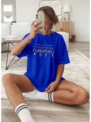 Caddekombin Kadın Gold Detaylı Love Yazılı Bisiklet Yaka Saks Mavi T-Shirt