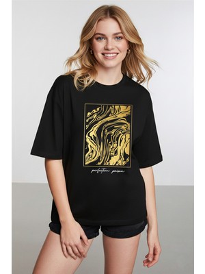 Caddekombin Kadın Gold Figur Baskılı Yuvarlak Yaka Siyah T-Shirt