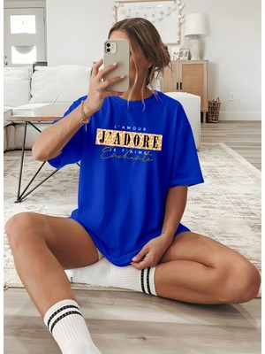 Caddekombin Kadın Leopar Detaylı J'adore Yazılı Saks Mavi T-Shirt