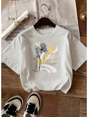 Caddekombin Kadın Altın Yıldız Detaylı Soyut Çiçekli Gri T-Shirt