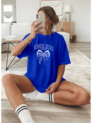 Caddekombin Kadın Gümüş Fiyonk Baskılı Bisiklet Yaka Saks Mavi T-Shirt