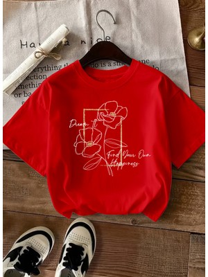 Caddekombin Kadın Çiçek Grafik Baskılı Bisiklet Yaka Kırmızı T-Shirt