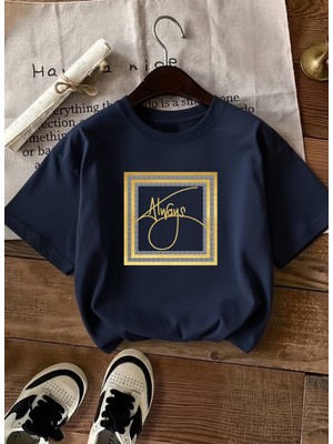 Caddekombin Kadın Always Slogan Gold Çerçeveli Lacivert T-Shirt