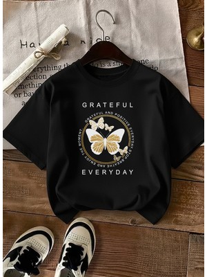 Caddekombin Kadın Gold Işıltılı Kelebek Baskılı Siyah T-Shirt