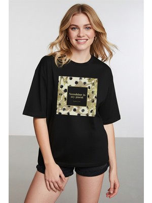 Caddekombin Kadın Gold Baskılı Sunshine Yazılı Siyah T-Shirt