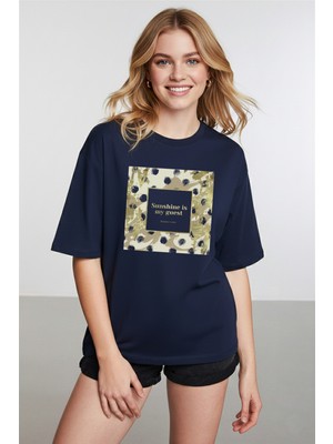 Caddekombin Kadın Gold Baskılı Sunshine Yazılı Lacivert T-Shirt