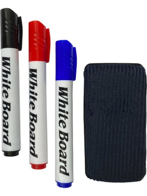 Braventa Collection Beyaz Tahta Kalemi ve Silgisi Seti Siyah Kırmızı Mavi 3 Renk Kalem ve Kadife Silgi
