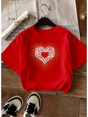 Caddekombin Kadın Modern Leopar Kalp Tasarımlı Kırmızı T-Shirt