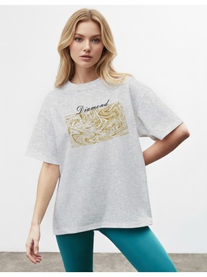 Caddekombin Kadın Sim Görünümlü  Baskılı Bisiklet Yaka Gri T-Shirt