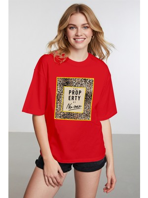 Caddekombin Kadın Leopar Desen Baskılı Bisiklet Yaka Kırmızı T-Shirt