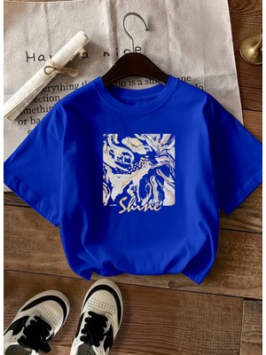 Caddekombin Kadın Soyut Mermer Desenli Grafik Baskılı Saks Mavi T-Shirt