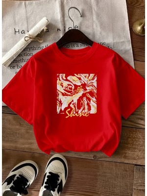 Caddekombin Kadın Soyut Mermer Desenli Grafik Baskılı Kırmızı T-Shirt