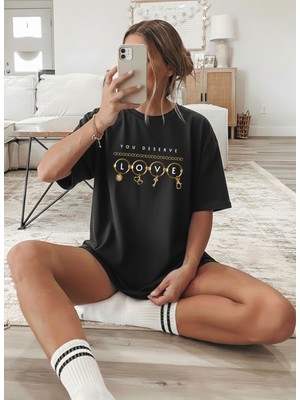 Caddekombin Kadın Gold Detaylı Love Yazılı Bisiklet Yaka Siyah T-Shirt