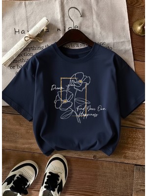 Caddekombin Kadın Gold Çerçeveli Çiçek Baskılı Lacivert T-Shirt