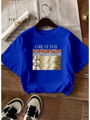 Caddekombin Kadın Gold Payet Işlemeli Bisiklet Yaka Saks Mavi T-Shirt