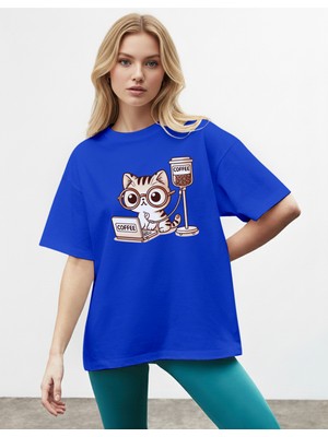 Caddekombin Kadın Kedi Baskılı Bisiklet Yaka Saks Mavi T-Shirt