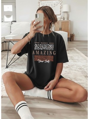 Caddekombin Kadın Leopar Amazing Baskılı Bisiklet Yaka Siyah T-Shirt