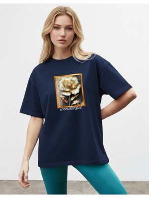 Caddekombin Kadın Golt Detaylı Gül Grafik Bisiklet Yaka Lacivert T-Shirt