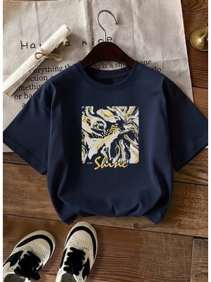 Caddekombin Kadın Soyut Mermer Desenli Grafik Baskılı Lacivert T-Shirt