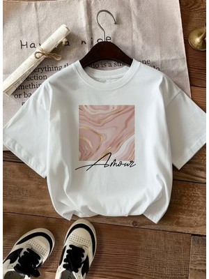 Caddekombin Kadın Rose Gold Işıltılı Grafik Baskılı Beyaz T-Shirt