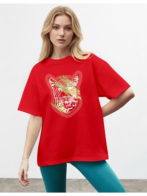 Caddekombin Kadın Leopar Noktalı Grafik Baskılı Basic Kırmızı T-Shirt