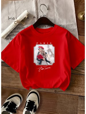 Caddekombin Kadın Romantik Paris Esintili Şık Tasarım Kırmızı T-Shirt