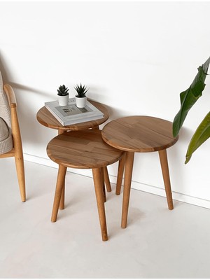 Braventa Collection ''doğal Masif Ahşap Yörünge Sehpa Seti - 3'lü Zigon Yuvarlak Modern Takım (Yan, Dekoratif Sehpa)'' (
