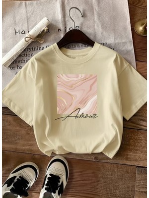 Caddekombin Kadın Rose Gold Işıltılı Grafik Baskılı Bej T-Shirt