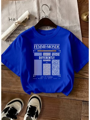 Caddekombin Kadın Femme Baskılı Bisiklet Yaka Saks Mavi T-Shirt