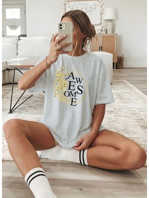 Caddekombin Kadın Gold Taneli Grafik Baskılı Bisiklet Yaka Gri T-Shirt