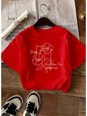 Caddekombin Kadın Gold Çerçeveli Çiçek Baskılı Kırmızı T-Shirt