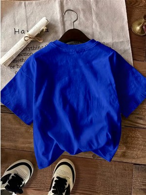 Caddekombin Kadın Nokta Desenli Kalp Baskılı Bisiklet Yaka Saks Mavi T-Shirt