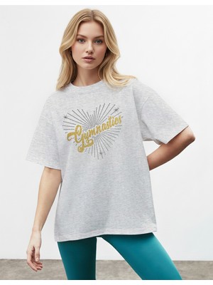 Caddekombin Kadın Işıltılı Yıldız Noktalı  Detaylı Bisiklet Yaka Gri T-Shirt