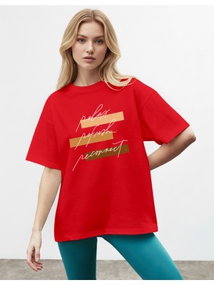 Caddekombin Kadın Motivasyon Mottolu Şerit Baskılı Kırmızı T-Shirt