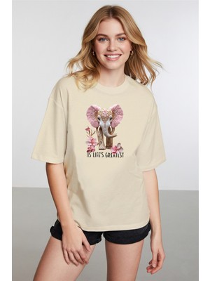 Caddekombin Kadın Espiri Fil Grafik Baskılı Yuvarlak Yaka Bej T-Shirt