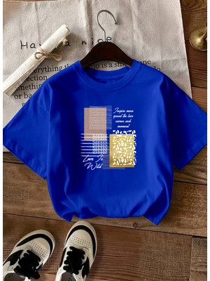 Caddekombin Kadın Love Wilt Baskılı Yazılı Basic Saks Mavi T-Shirt